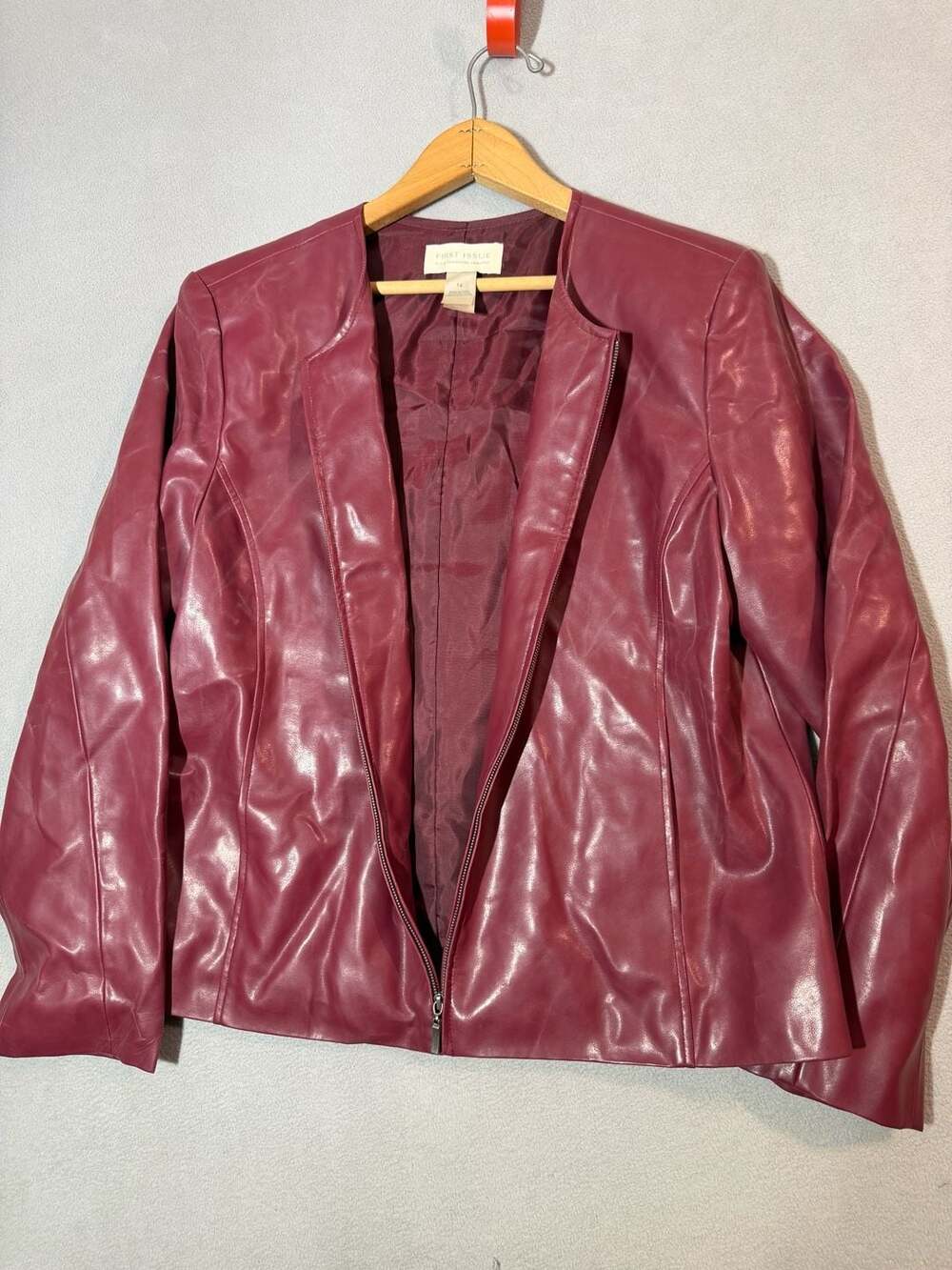 First Issue A Liz Claiborne Company Red Faux Leather Zip-Up Jacket Size 14